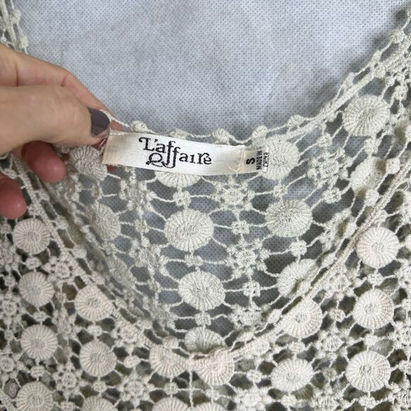 Laffaire Off White Lace Trim Semi Sheer Polka Dot 1/2 Sleeve Boho Blouse Sz SM - Picture 6 of 9